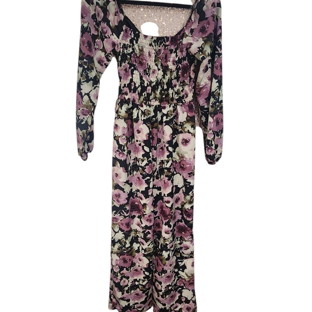 Lily Rose Womens Floral Jumpsuit Smocked Bodice Long Sleeve‎ Casual Romper